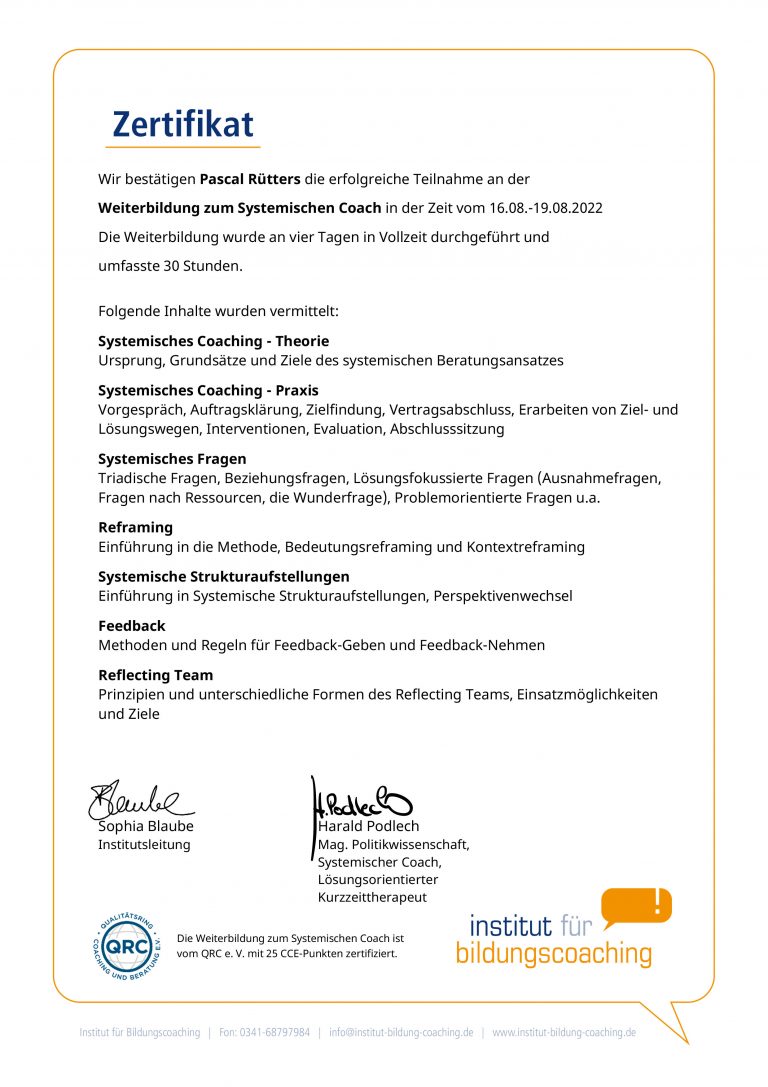 Zertifikat Pascal Rütters Systematisches Coaching